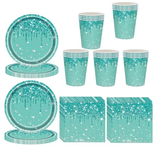 60 Pcs Teal Party Tableware Set - Blue & Teal Blue Paper Plates, Cups & Napkins - Sparkling Diamond Dinnerware for Birthday, Wedding & Baby Shower
