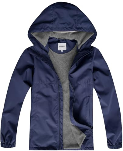 KFRRZC Boys Rain Jackets Waterproof Hooded Fleece Raincoats Lightweight Windbreakers for Kids(Navy,8-9)