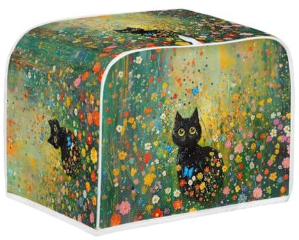 Xoenoiee Schwarze Katze, lebendiger Blumendruck, Toaster-Abdeckung, wasserdichte Toaster-Abdeckung für Standard-2-Scheiben, Brotbackmaschine, Küche, kleine Geräte