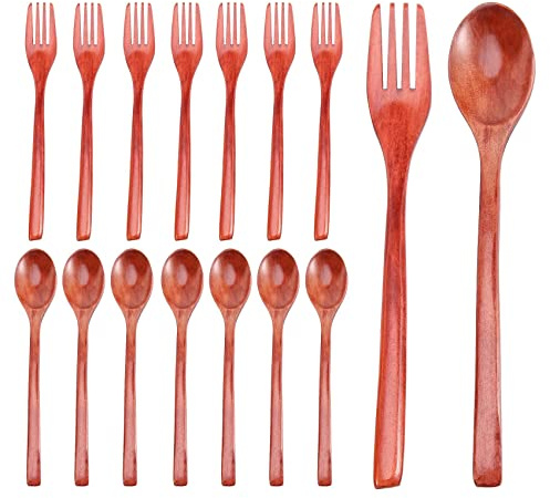 Wanjorlay 16Pcs Wooden Spoons Forks Set Including Wooden Spoons and Wooden Forks Japanese Wooden Utensil Set Reusable Handmade
