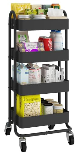 Elitehouse 4-Tier Metal Rolling Cart with Wheels,4 Tier Utility Cart with Wheels for Office,Home,Kitchen,Garden（13.4x18.1x40） Black