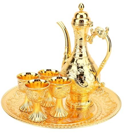 Set da tè Turco Vintage, Set da tè Turco Caffettiera Turca Vintage, Set da tè Teiera con 4 Tazze in Metallo e Vassoio da tè per Decorazioni per la Tavola da tè, di Nozze (GOLD)