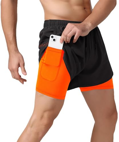 Jamron 2-i-1 löparshorts för män andningsbara, snabbtorkande, gymträning, cykelshorts med foder och telefonfickor, Fluorescerande orange, S