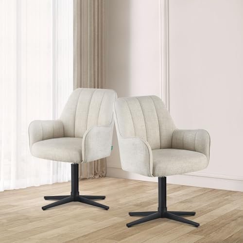DUBI Möbel® Premium Esszimmerstühle Thomas-Romy 2er Set – Armlehnstuhl mit Federkernpolsterung und Design Webstoff in Creme Weiß, 360° Drehgestell mit Auto-Rückstellfunktion