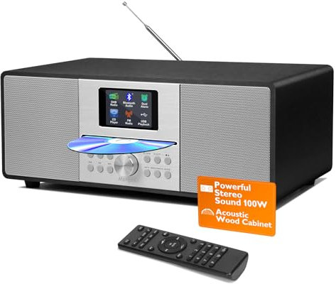 MangoKit MS4 CD Player DAB Radio HiFi System I Bluetooth I Stereoanlage Kompaktanlage I Akustisches Holzgehäuse I CD Player mit Lautsprechern I 40 Presets,Kopfhöreranschluss I Metallisch Schwarz