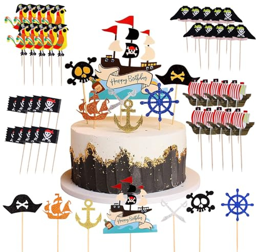 55 Stück Piraten Tortendeko für Piratenparty Piraten Kuchen Topper Cupcake | Topper Pirate Tortenstecker Piratenschiff Kuchen Deko Pirate Cake Topper Kuchendeko Geburtstag Halloween Party Decoration