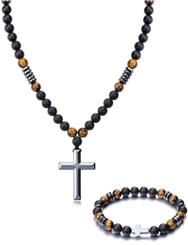 JSDDE Herren Perlenkette mit Armband Set Tigerauge Anhänger Kreuz Edelstein Heilsteine Amulett Spirituelle Geschenk