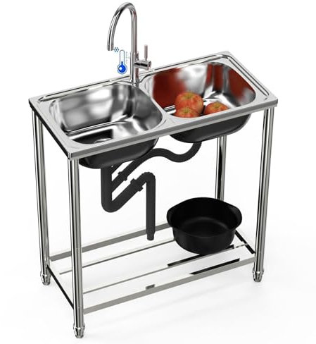 78×43×82cm Lavello Da Cucina Lavello Da Esterno Multifunzionale Mobile Autoportante in Acciaio Inossidabile Bacini a Vasca Doppia Con Rubinetto, Per Ristorante/Officina/Giardino,Facile Da Pulire