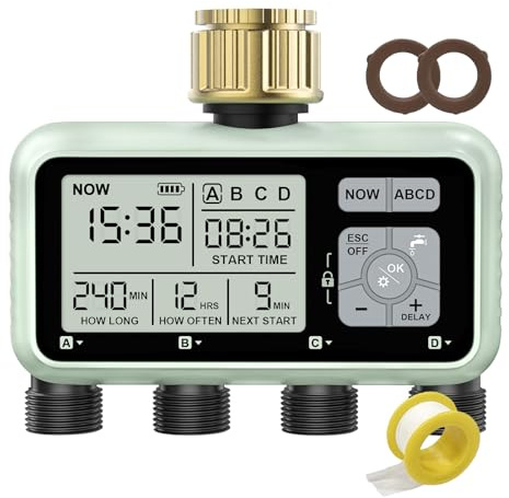 Watering Timer 4 Zone with with Brass Inlet, Sprinkler Timer, Programmable Garden Outdoor Hose Faucet Timers with Rain Delay/Manual/Automatic Watering System,Water Hose Irrigation Timers 4 Outlet