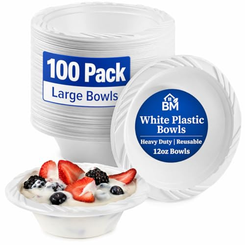 BLISSMART Reusable White Plastic Bowls 12oz 100 Pack Washable and Reusable Tableware Plastic Bowl for Dessert Heavy Duty Dinnerware for Parties, Camping, Birthday, Catering, BBQ