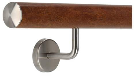 TIBU Pasamanos de aluminio caoba decoración de madera 30-600 cm pasamanos de pared escalera soporte de acero inoxidable en ángulo, longitud 60 cm con 2 soportes y tapa ligeramente curvada