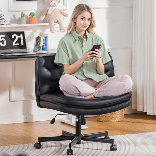 GTPLAYER Criss Cross Legged Office Chair with Wheels, Extra Wide Armless Comfy Desk Chair for Home Bedroom, 2 Layer Cushion Large Seat & Back Support X-Legged Chair, Black PU Leather Adjustable Height