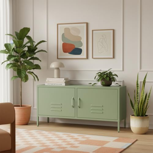 skølm Atria Lowboard 105x38x55 cm, Mintgrün, aus Metall, TV Schrank stabil | Fernsehtisch mit 4 verstellbaren Fächern, TV Board, Sideboard/Fernsehschrank/Wohnzimmerschrank/Metallschrank für Wohnzimmer