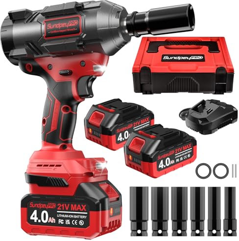 SundpeyPRO Llave de impacto inalámbrica 1500N·M - Llave de impacto de alto par sin escobillas de 1200 pies-libras 1/2 pulgada con 2 baterías de 4000 mAh, pistola de impacto eléctrica con enchufes