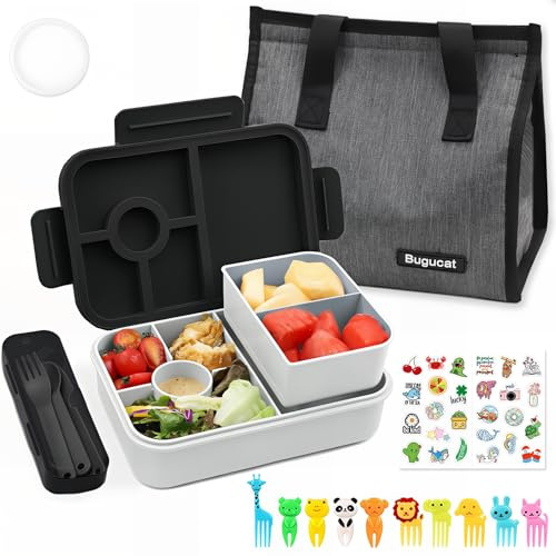 Bugucat Lonchera Bento de 1300 ml con bolsa, a prueba de fugas, con 4 compartimentos, cubiertos para niños y adultos, caja de aperitivos para escuela, jardín de infantes, oficina, color negro