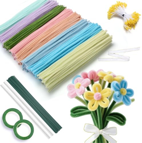 Wegfwbe Pfeifenputzer zum Basteln Blumen Set 850 Stück 8 Farben Pipe Cleaner Flower Set mit Blumenkern Geschenkband,Geburtstag Weihnachtsdeko für Erwachsene Bastelfreunde DIY Pipe Cleaner Dekoration