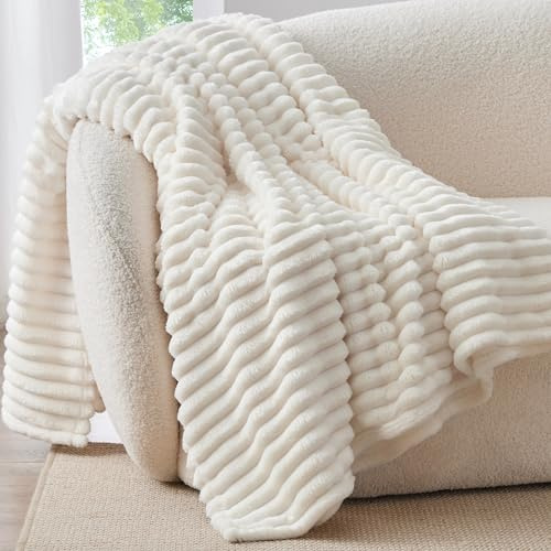 BEDELITE Fluffy Fleece Twin Blanket - Cream White Couch Throw Soft Cosy Warm Blankets for Double Bed, Gifts for Women