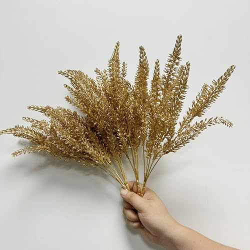 Rikyo 4 racimos de plantas artificiales doradas, arbustos tropicales de 14 pulgadas que adornan flores navideñas, fiestas en interiores y exteriores, para flores, coronas de flores, telón de fondo de