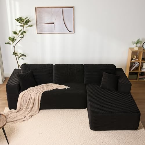 Litbird Sofá esquinero Modular en L con función Cama y Chaise Longue Derecha – Tapizado en Pana, Asiento Profundo – Sofá Cama para salón – Sin Montaje (Negro, Chaise Longue Derecha)