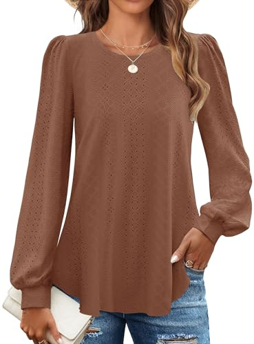 Chicrise Camicia Donna Elegante Manica Lunga Blusa Girocollo Traforato Top A Sbuffo Casual caffè X-Grande 46-48 XL