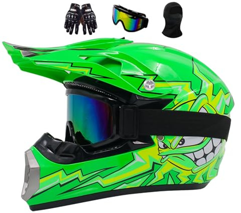 Casque Moto Enfant 7-14, Motocross Cycliste Pour Garçon Et Fille, Casque Moto Cross Pour Les Adolescents Homme Protection Enduro Integral VTT, Avec Goggle Gants Masque(Green,L(56-57CM))