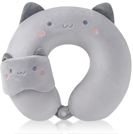BEKKLPOU Cuscino Da Viaggio 2 In 1 Per Bambini, Cuscino A Forma Di U Dei Cartoni Animati, Cuscino Da Viaggio Per Il Collo Perauto, Aereo, Ufficio, Casa (Gatto grigio)