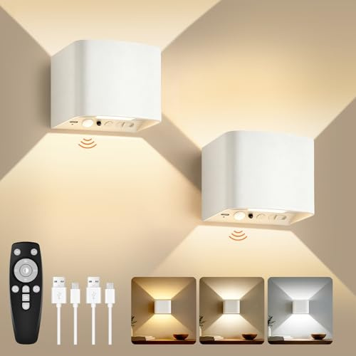 GeyouLux 6000mAh Akku Wandleuchte Innen mit Bewegungsmelder & Fernbedienung | Wandlampe Einstellbar Abstrahlwinkel, 3 Modi 2700K-6500K Dimmbar Timer LED Aufladbare Wandleuchte für Treppe Flur 2 Stück
