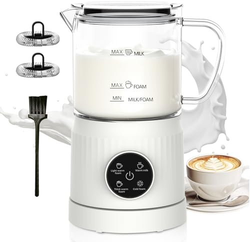 Casimhu 4-in-1 Milk Frother, Electric Milk Frother and Steamer with LED Touch Screen, Ceramic Lining Bottom, Milk Warmer 13.52oz for Lattes, Cappuccinos, and Macchiatos at Home, White