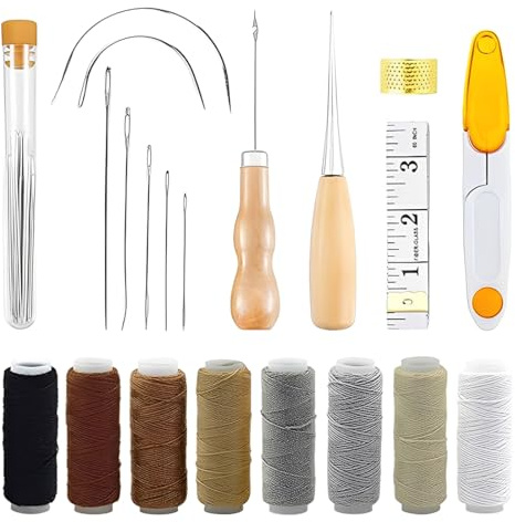 OUDQFCJ Juego de Costura de Cuero de 30 Piezas, Hilo de Cuero Encerado, Kit Profesional de Reparación DIY para Herramientas de Costura de Cuero con Agujas de Cuero (Negro)