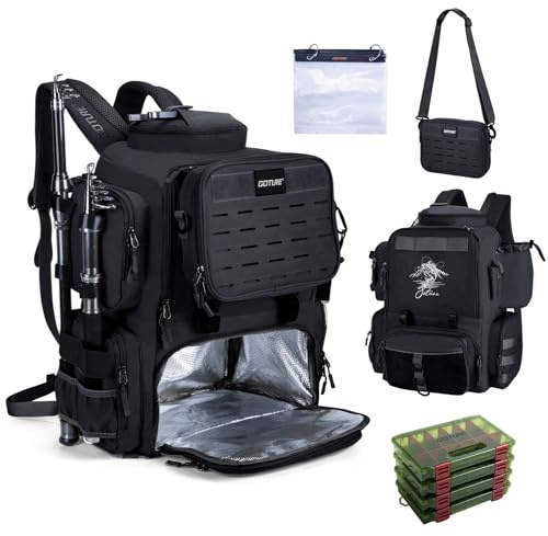 Goture Fishing Backpack with 4 Tackle Boxes,58L 900D Water-Resistant Tackle Backpack with Cooler,Rod Holders,8 Lure Pockets, Detachable Crossbody Bag,Gear Storage Large Fishing Bag for Camping Hiking