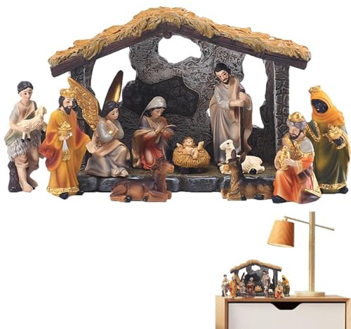 Presepe natalizio in legno con stalla, statuetta in resina con scena della nascita di Gesù, statuette ornamentali, statuette religiose della Sacra Famiglia per la decorazione del presepe natalizio