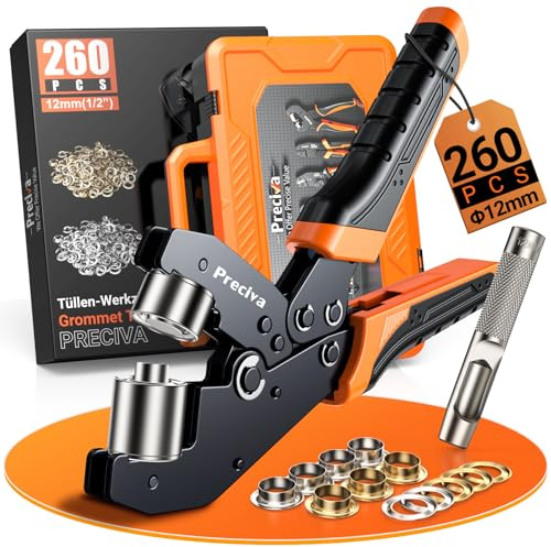 Preciva Ösenzange Set Ø 12mm – 260 Ösen, Locher, Stanze | Ideal für Planen/Banner/Vorhänge, Ösen (Gold/Silber) + Stanzwerkzeug, Robust & langlebig