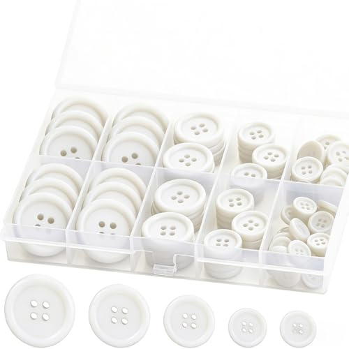 JYNXOR 160pcs botones grandes de resina negra de 4 agujeros (10-25mm), botones Blanco, Botone Redondos, botones de presion, adecuados para coser ropa, abrigos y camisas, incluye caja de almacenamiento