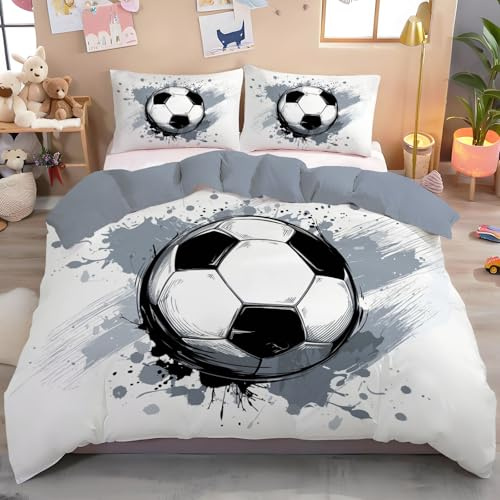 3D Minimalistischer Fußball Bettwäsche Set 200X220Cm 3Teilig Mit Reißverschluss Weiche Angenehme Schlafkomfort Microfaser Schwarz-Weiß Tintenspritzbewegung Kinderbettwäsche Mit Kissenbezug 80X80 Cm