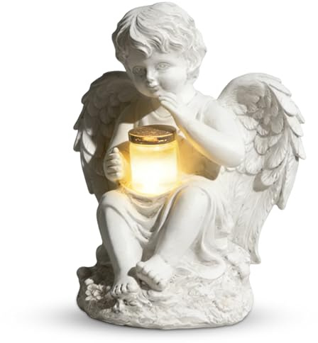 Estatuas de jardín de ángel solar para jóvenes, ángel para tumba, resistente a la intemperie, ángel orando con luces LED, luces solares para tumbas para exteriores, decoración para tumba, escultura de