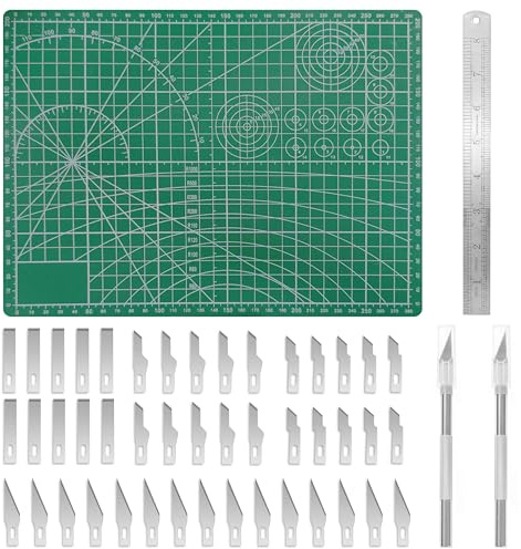 HATOVI 49 Stück Schneidematte Set, Bastelunterlage Cutting Mat mit verschiedene Klingen, Doppelseitig Schneideunterlage mit 45 Hobbyklingen für Kunst, Hobby, Handwerk, Scrapbooking, Schablone