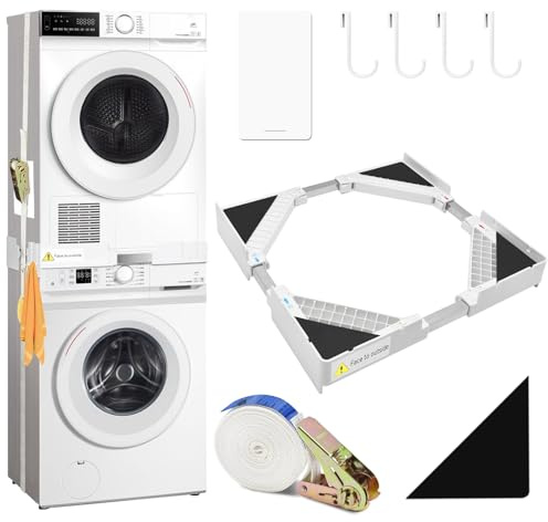 Shocanm Kit de Unión Universal para Lavadoras y Secadoras, Kit Apilado Universal con Cuerda de Trinquete, Accesorios para Lavadora y Secadora, Ajustable Soporte de Conexión 44,5-70 cm para Lavadora