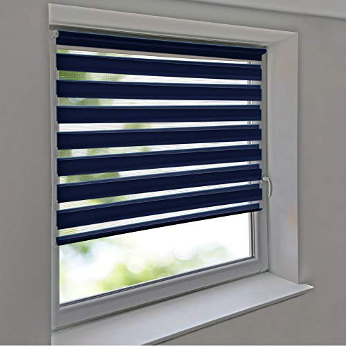 Sonnenschutz-HH - Doppelrollo Klemmfix ohne Bohren Vario Seitenzug Duorollo AUSSENMAß Breite 65 x 140 cm Höhe - dunkelblau