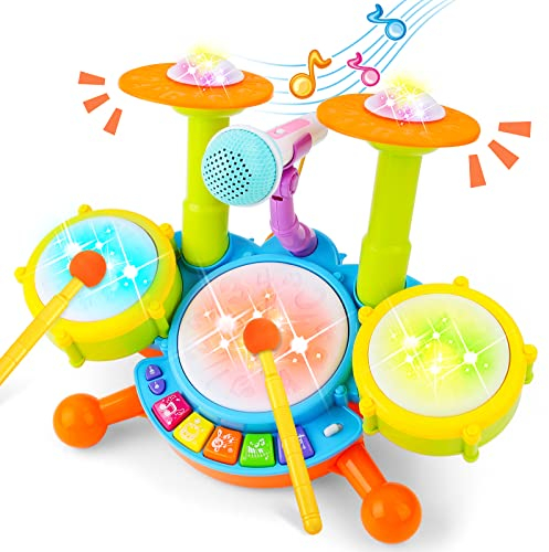 deAO Set Musicali a Percussione Strumenti Elettronici per Bambini, Musicale Batteria con Microfono, Vari Effetti Sonori, Tamburo Giocattolo per Ragazzi e Ragazze
