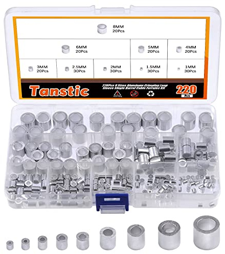 Tanstic T-121 220Pcs 9 Sizes Aluminum Crimping Loop Sleeve, Single Barrel Cable Ferrule Wire Rope Sleeves Loops Sleeve Assortment Kit
