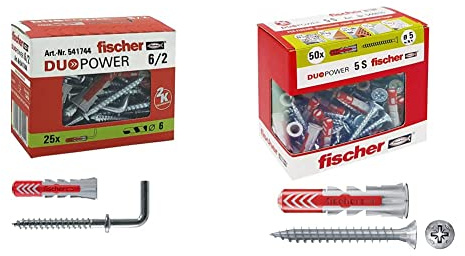 Fischer 541744 Tassello con Gancio Duopower, Grigio/Rosso, 25 pz, Set di 25 Pezzi & 50 Tasselli Duopower con Vite, 5 x 25 mm, per Muro pieno, Mattone Forato, Cartongesso, 544015