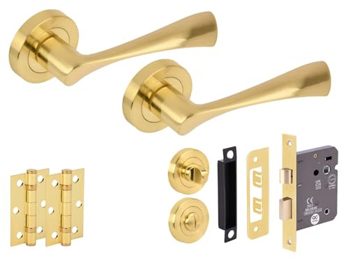 Hunta HANDLEZONE® Zena Door Handles on Rose Bathroom Lock Pack with Ball Bearing Hinges - Brushed Brass