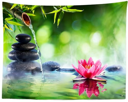 Loccor Zen Garden Tapestry 60''x40'' Green Bamboo Zen Stones Spa Water Lotus Flower Wall Hanging Tapestry Relaxation Bamboos Candles for Home Bedroom Living Room Dorm Decor