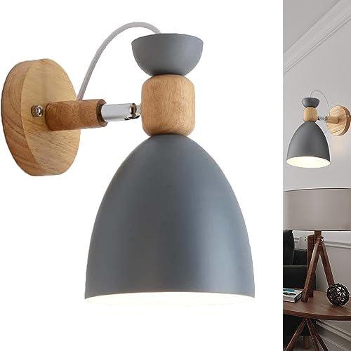 Holz Wandleuchte, Innen Wandlampe Wandspot Nachttischlampe Kinderzimmer Leselampe Wandstrahler E27 Einstellbar Weiß Metall Schirm Wandbeleuchtung Schlafzimmer Bett Nachtlicht Für Wohnzimmer (grau)
