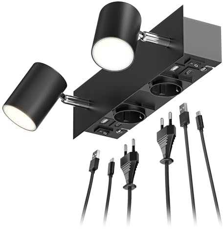 ledscom.de Wandspot WAIKA, 2-flammig, schwarz, Steckdosen, USB-C, USB-A, inkl. LED GU10 Lampen, 3-Stufen-Dimmer, je 500lm, warmweiß