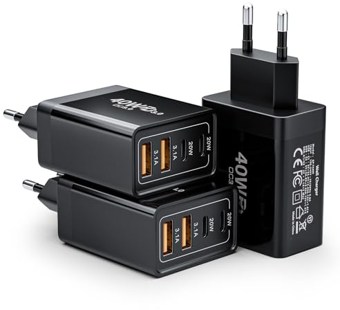 3-Pack USB C-Laddare, 40W 4-Portars Multiladdare med USB-C och USB-A, Snabbladdare PD 3.0 Strömadapter USB-Strömförsörjningskontakt för Phone 16/15/14/13/12/11/Pro Max/XS/XR, iPad Samsung Galaxy