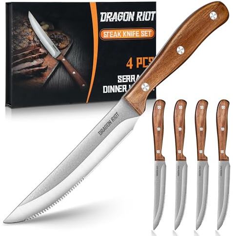 DRAGON RIOT Set De Couteau A Steak 4 Pièces, Couteaux À Steak Avec Manche En Bois, Set De Couteaux De Table Avec Coffret Cadeau