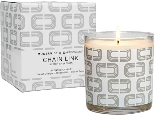 Chain Link Scented Candle | 9oz Soy Coconut Wax Blend | 55-Hour Burn | Fragrance Notes of Sweet Orange, Almond Milk, and Vanilla Bean | Screen-Printed Glass Jar | Made in The USA