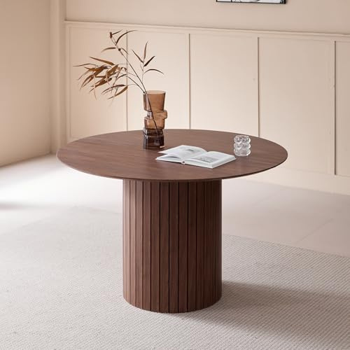 EGOONM Table de Salle à Manger Ronde 120cm pour 4-6 Personnes, Table de Cuisine Moderne avec Support de Base Cylindrique, Plateau de Table en MDF (Finition Grain de Bois) (Marron Foncé)