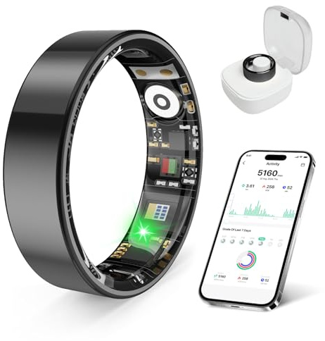 prxxhri Bague de santé intelligente avec fonctions de surveillance du stress et du sommeil, compatible avec iOS et Android, traqueur d'activité étanche pour homme et femme, sans frais d'abonnement